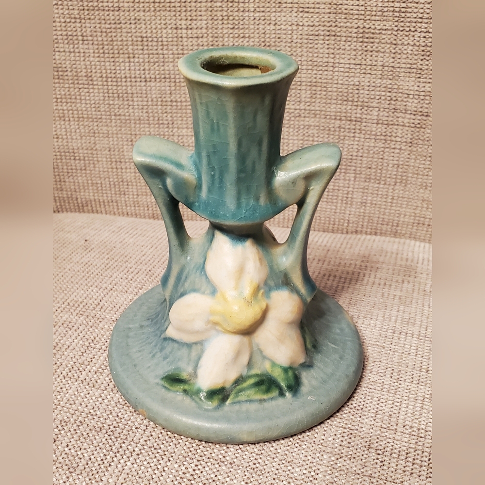 Roseville Pottery-Antique- Clematis Candle Holder, @1940, #1159 Ciel Blue
